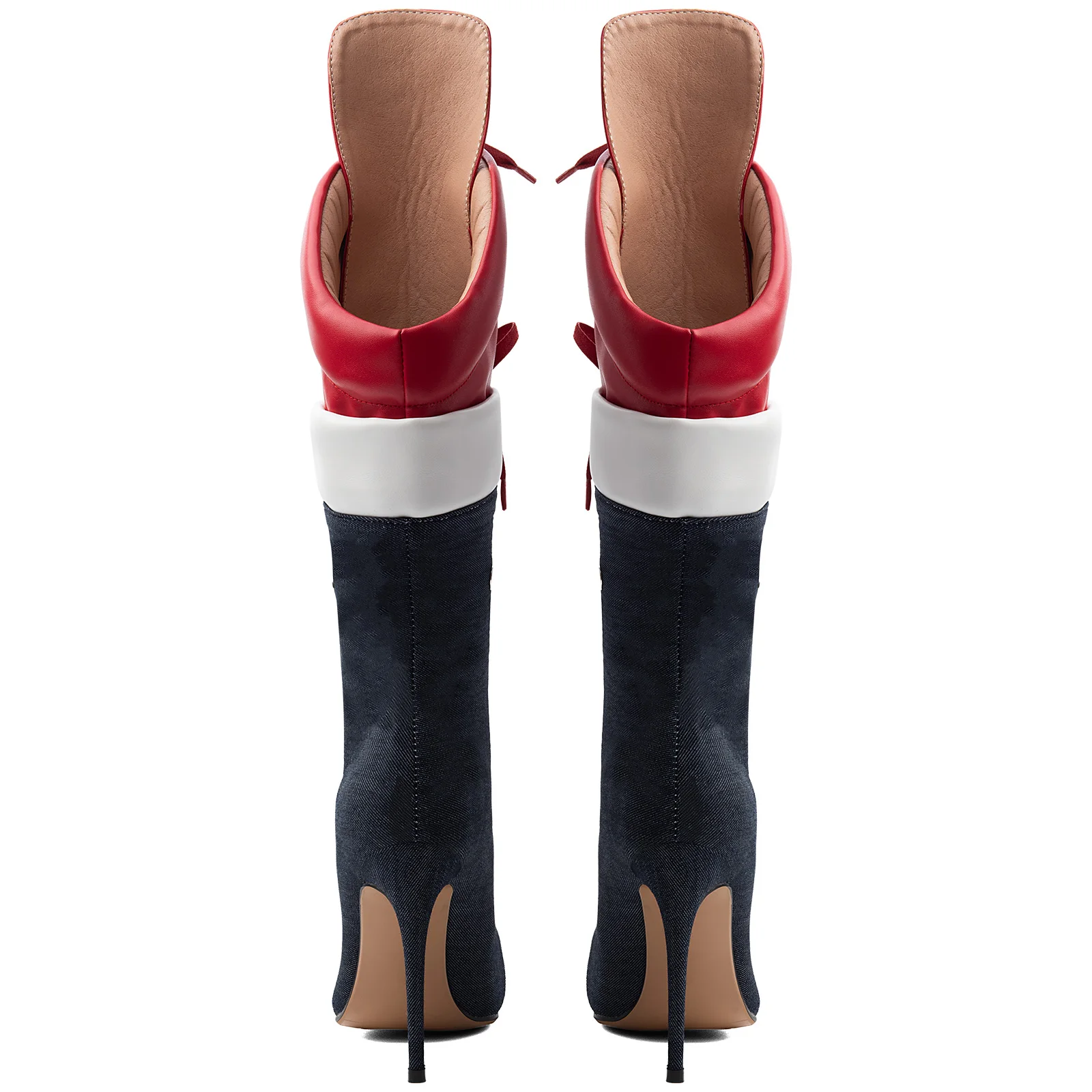 Women's red lace up canvas high boots pointy toe high heels plus size 46 47 denim luxury designer paerty good quality shoes