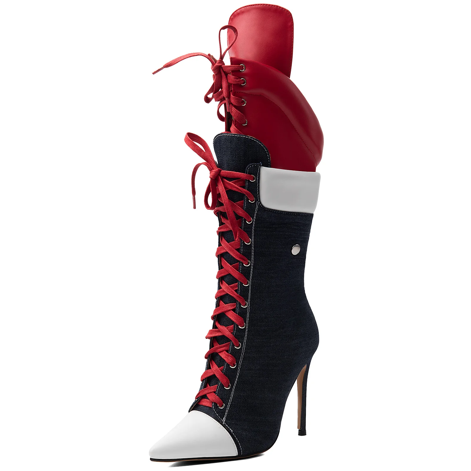 Women's red lace up canvas high boots pointy toe high heels plus size 46 47 denim luxury designer paerty good quality shoes