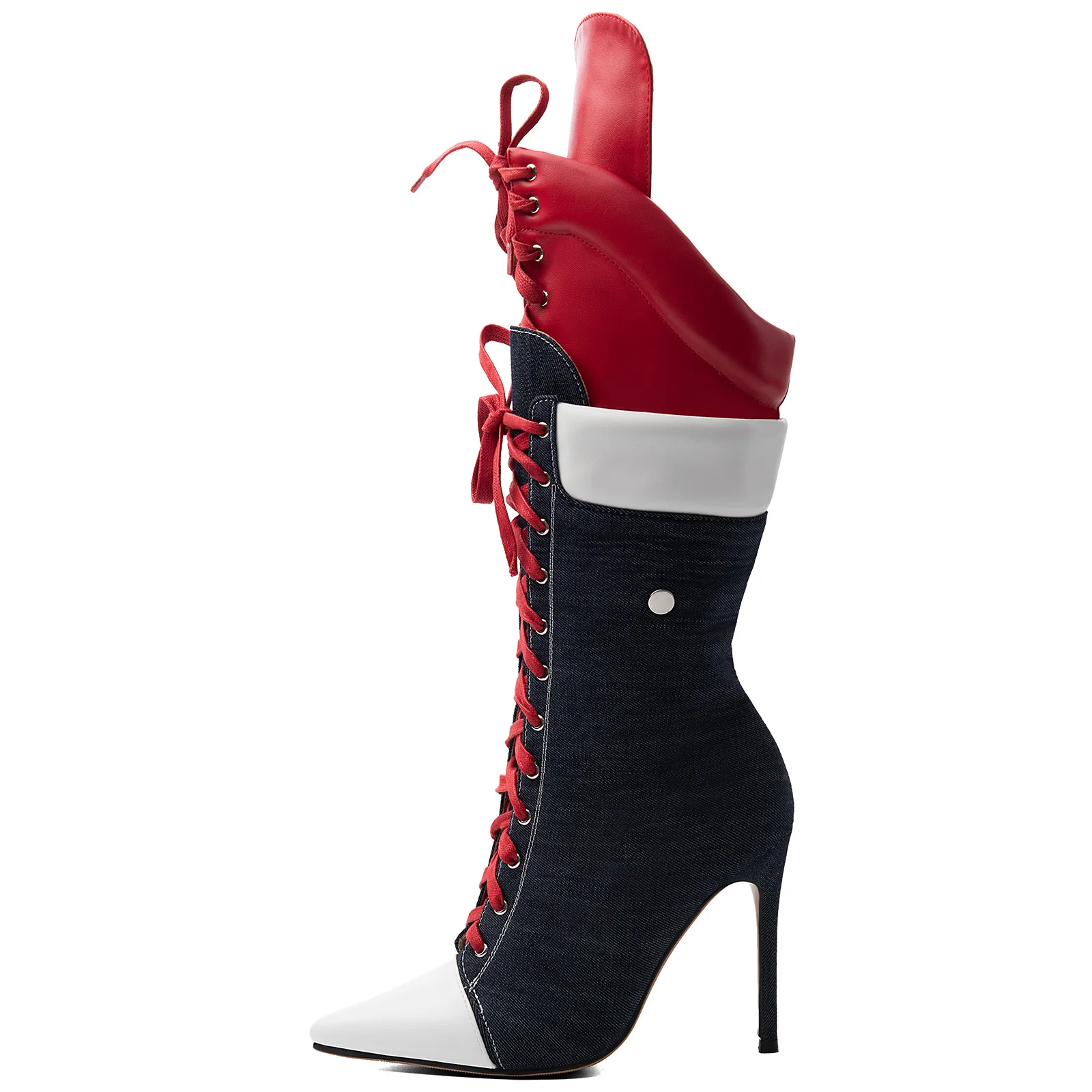 Women's red lace up canvas high boots pointy toe high heels plus size 46 47 denim luxury designer paerty good quality shoes