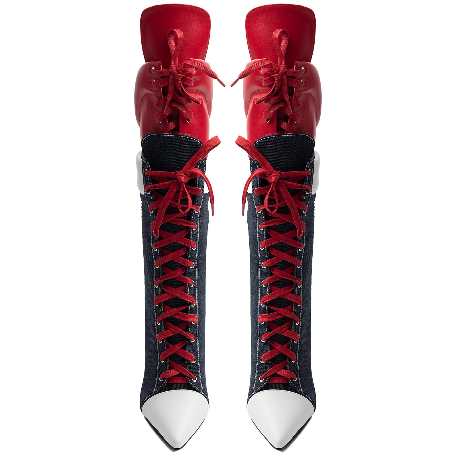 Women's red lace up canvas high boots pointy toe high heels plus size 46 47 denim luxury designer paerty good quality shoes