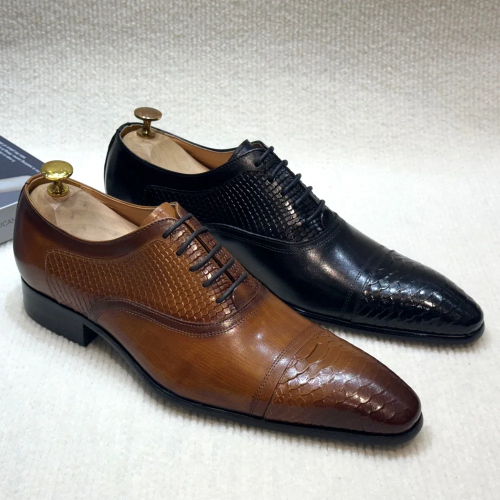 Men's Italian Style Luxury Genuine Leather Derby Shoes Pointed Toe Handmade Formal Oxford Lace-up Brogues