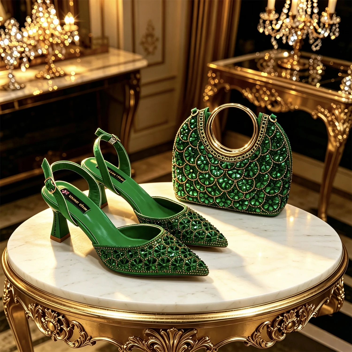 2026 INS Italian Design Elegant Green Rhinestone Pointed Toe High Heels & Handbag Set - Ideal for Weddings and Special Occasions