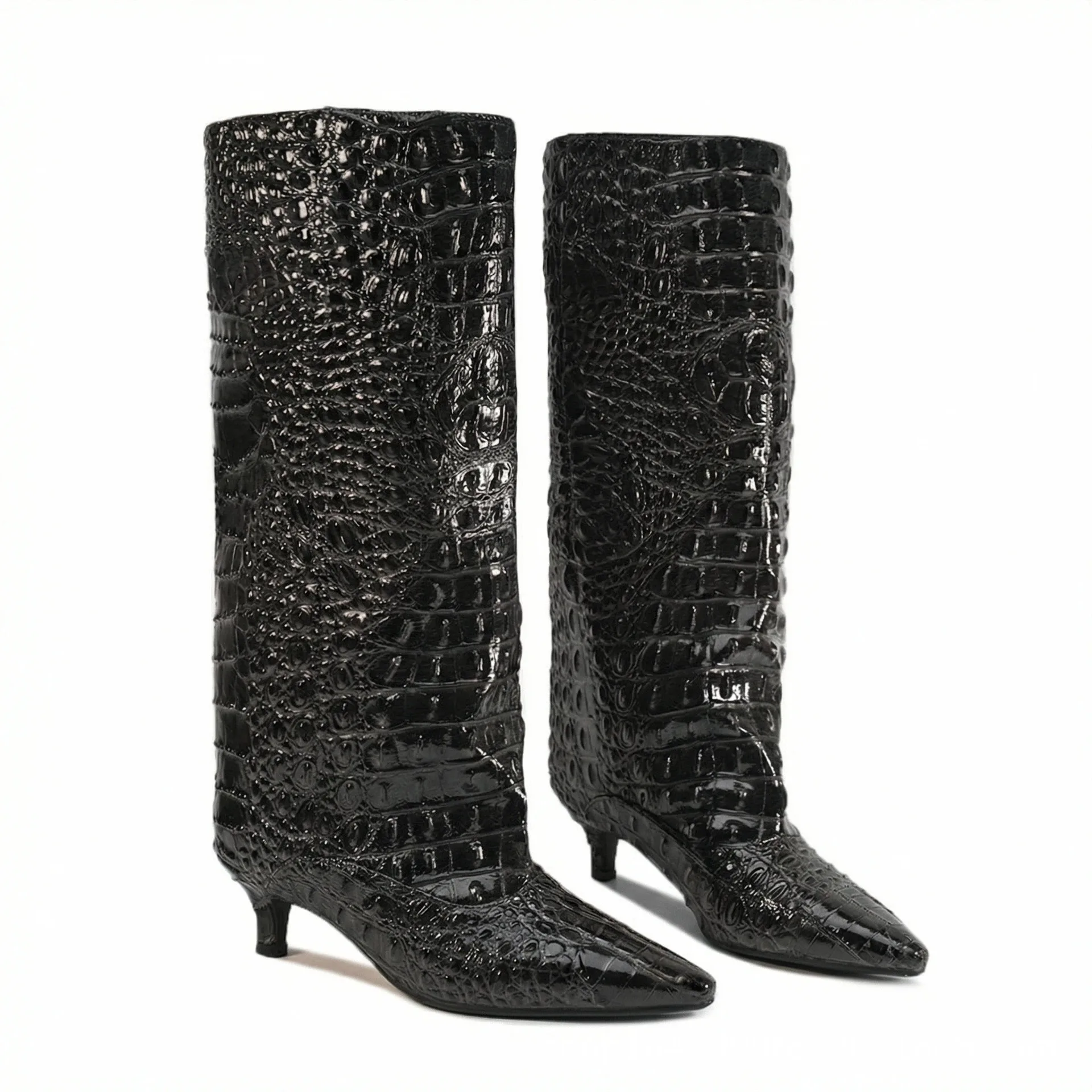 Women's Spring and Autumn New Cat Heel Wide Knee Knee Boots Fashion Pointed Women's Low Heel Mid Heeled Boots