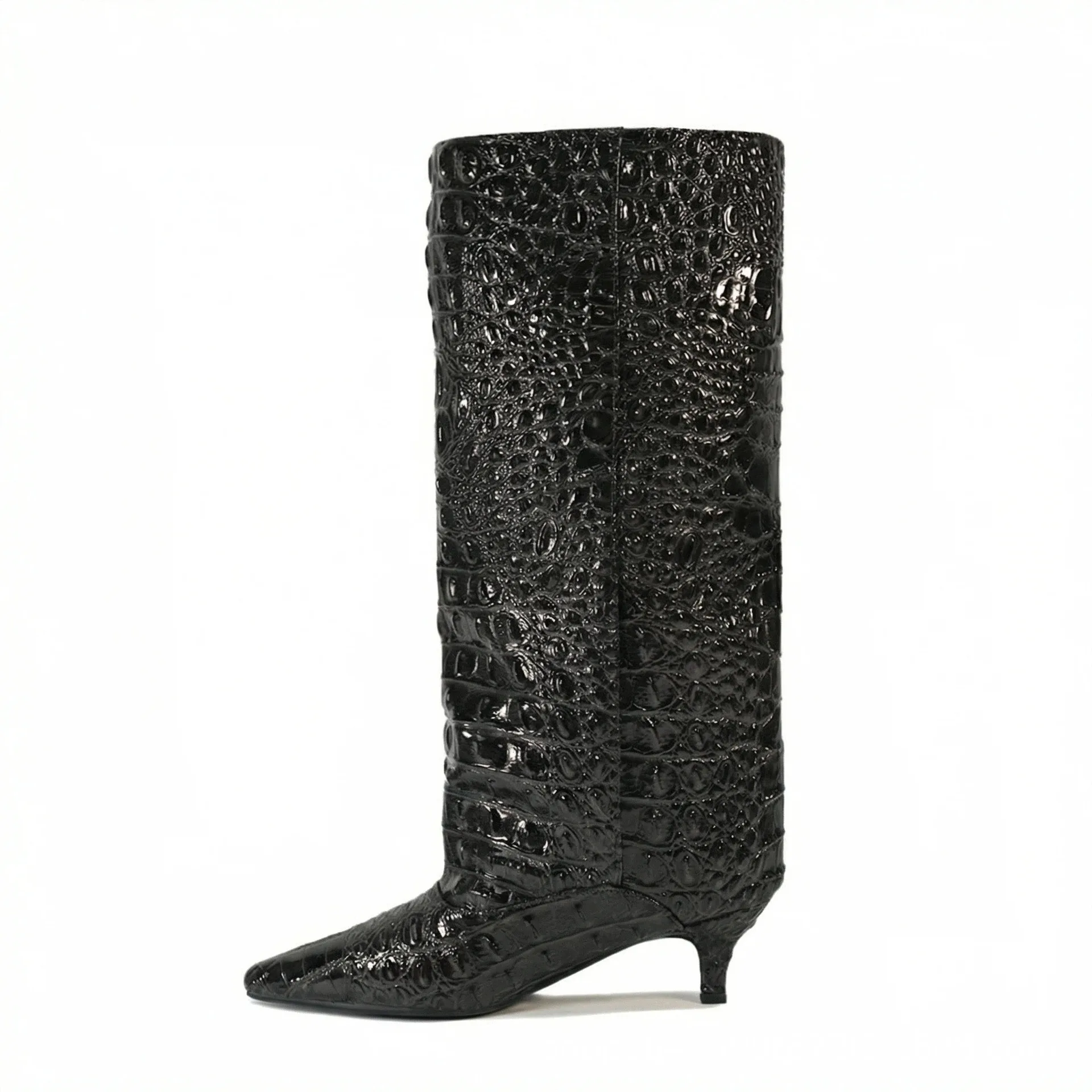 Women's Spring and Autumn New Cat Heel Wide Knee Knee Boots Fashion Pointed Women's Low Heel Mid Heeled Boots