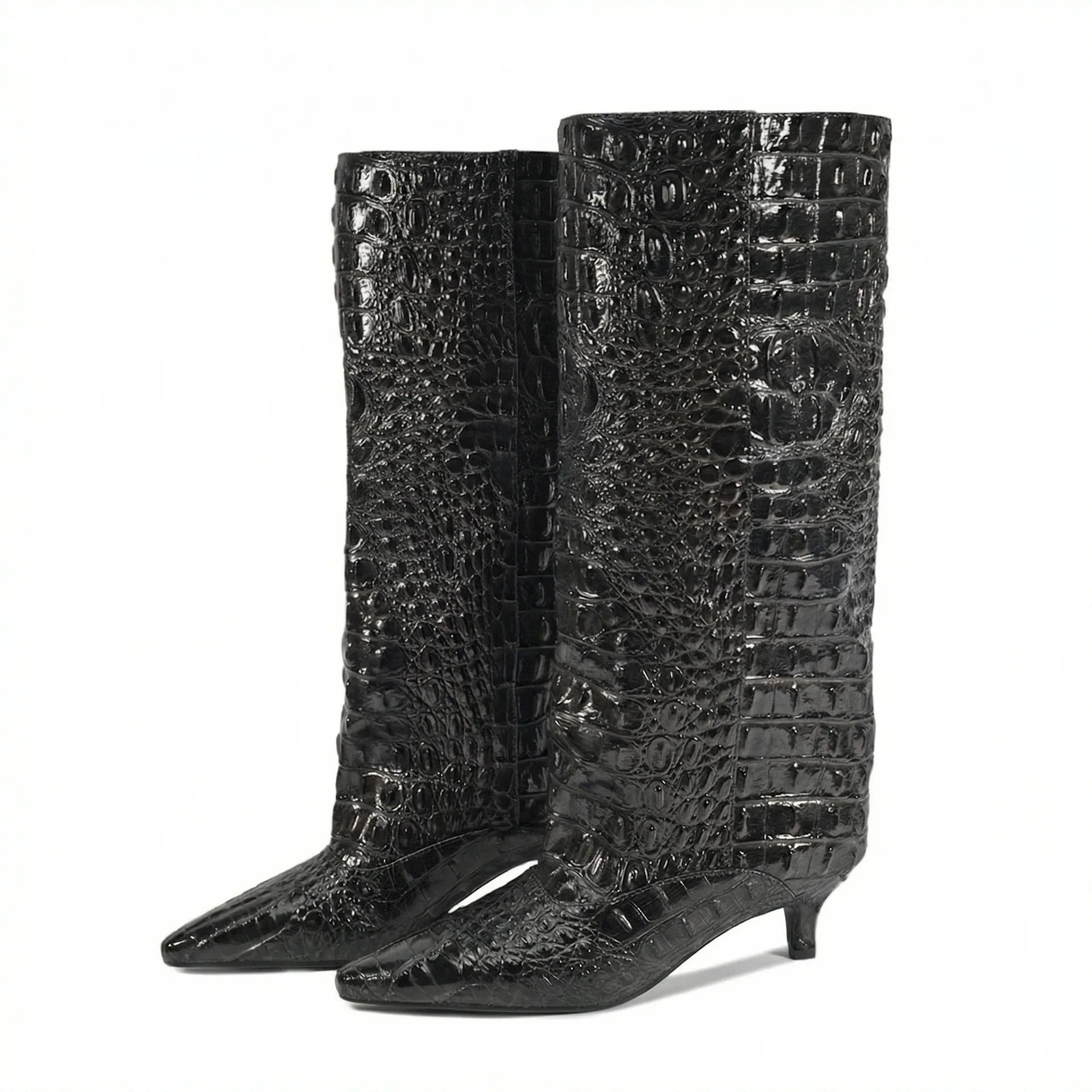 Women's Spring and Autumn New Cat Heel Wide Knee Knee Boots Fashion Pointed Women's Low Heel Mid Heeled Boots