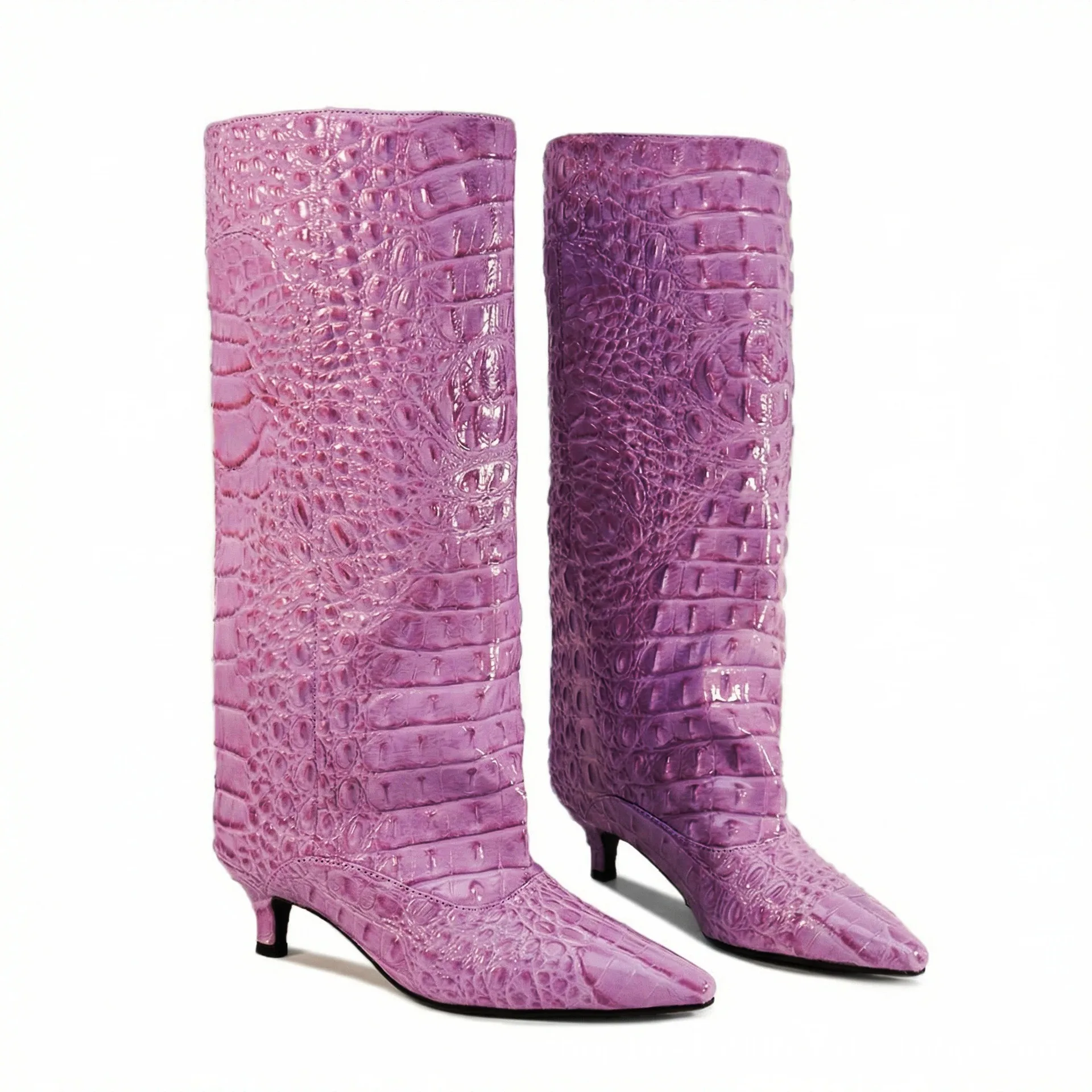 Women's Spring and Autumn New Cat Heel Wide Knee Knee Boots Fashion Pointed Women's Low Heel Mid Heeled Boots