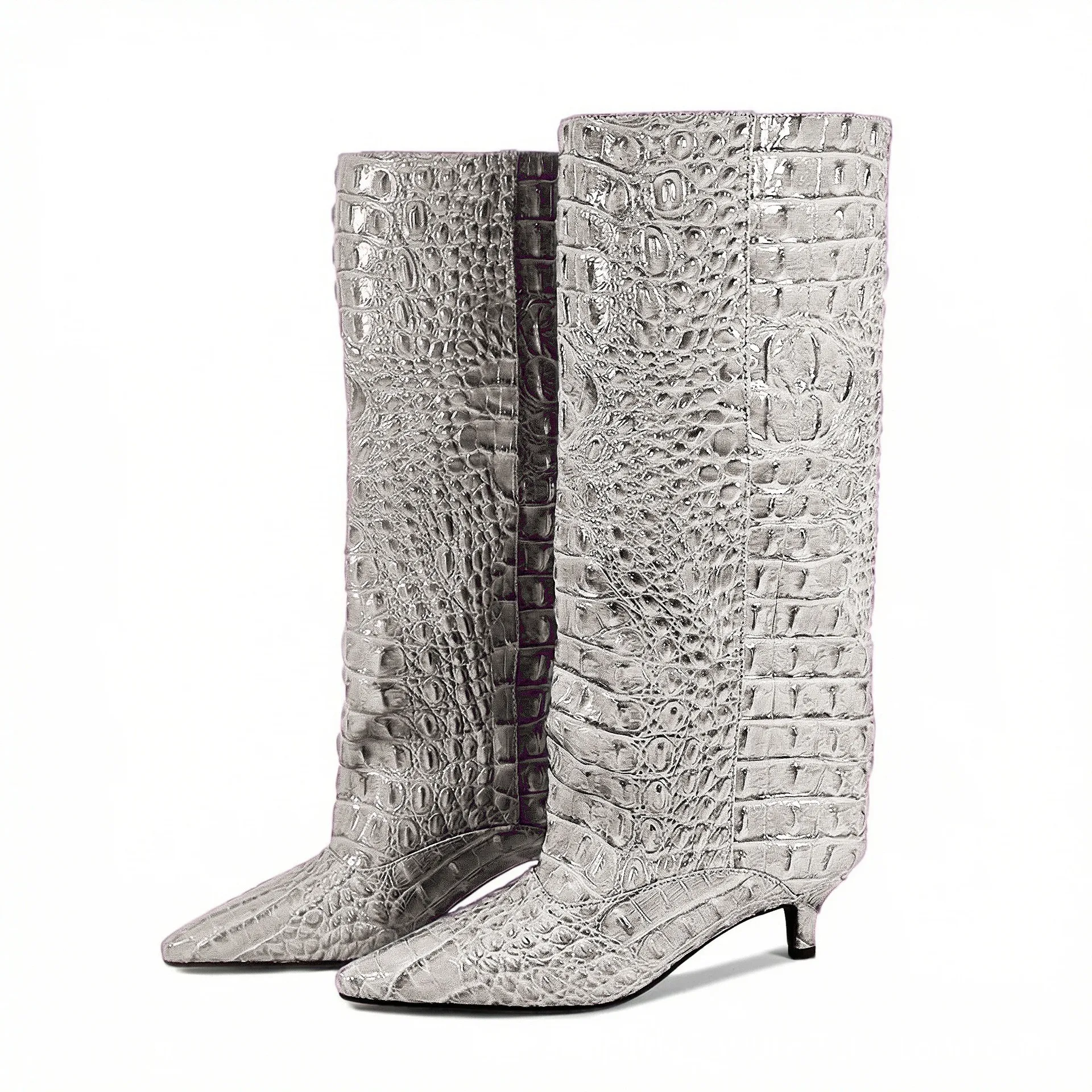 Women's Spring and Autumn New Cat Heel Wide Knee Knee Boots Fashion Pointed Women's Low Heel Mid Heeled Boots