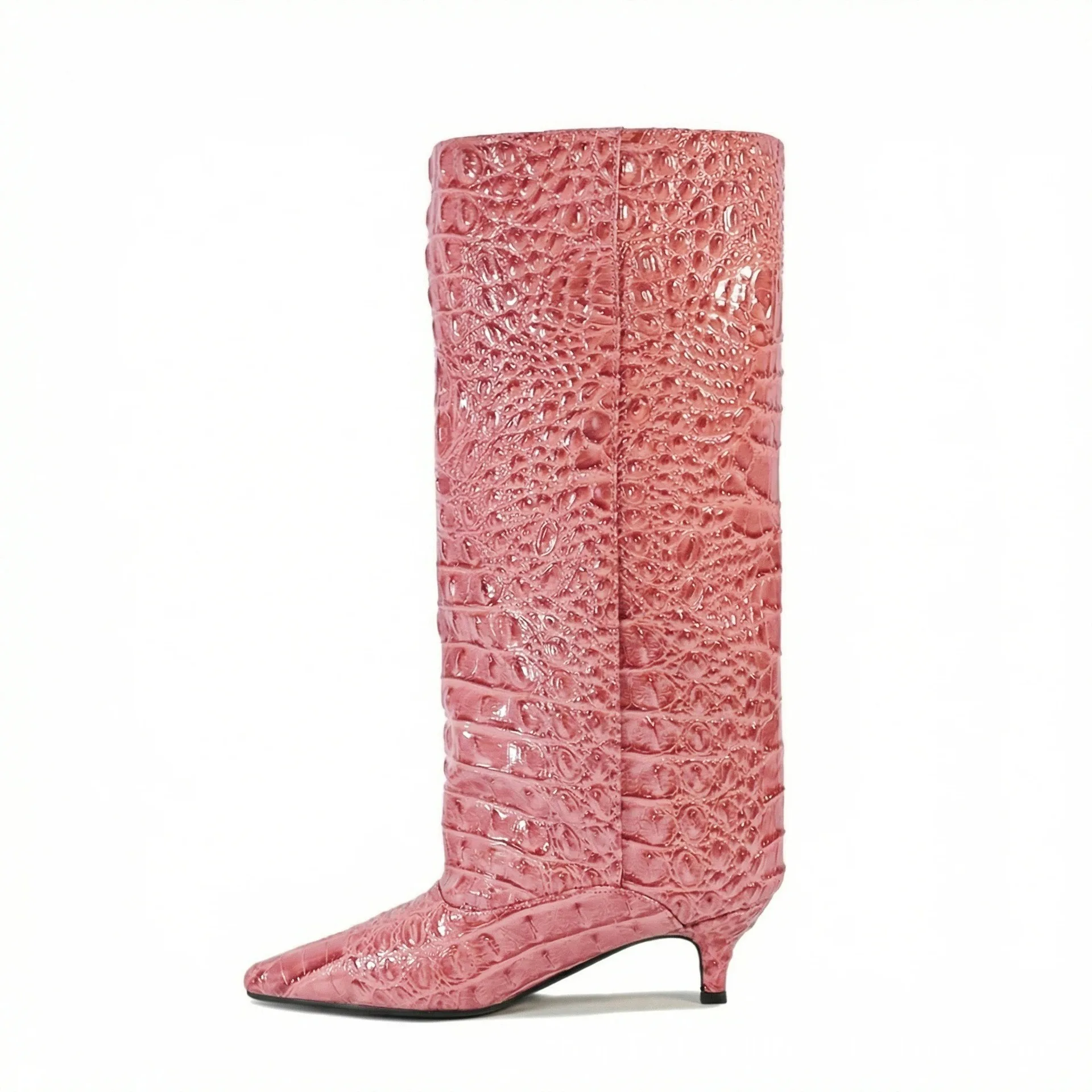 Women's Spring and Autumn New Cat Heel Wide Knee Knee Boots Fashion Pointed Women's Low Heel Mid Heeled Boots