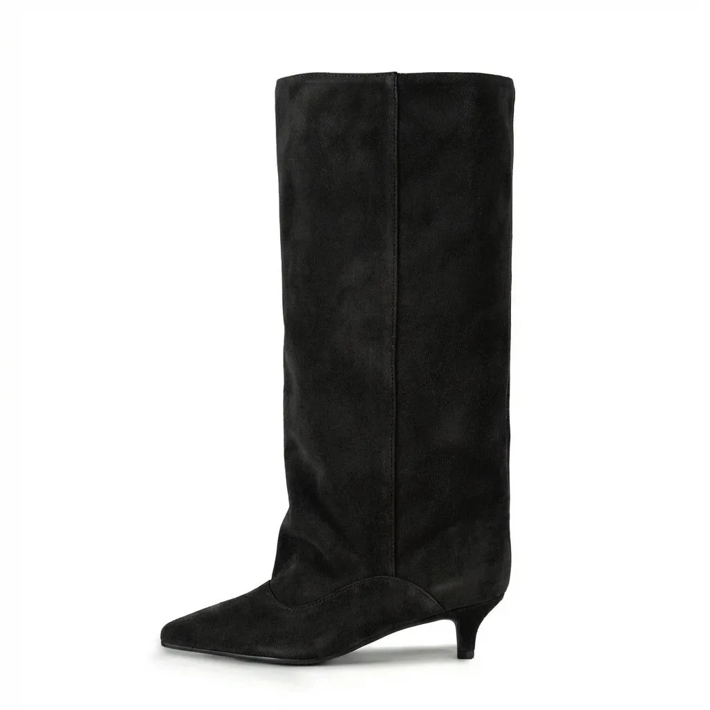 Women's Spring and Autumn New Cat Heel Wide Knee Knee Boots Fashion Pointed Women's Low Heel Mid Heeled Boots