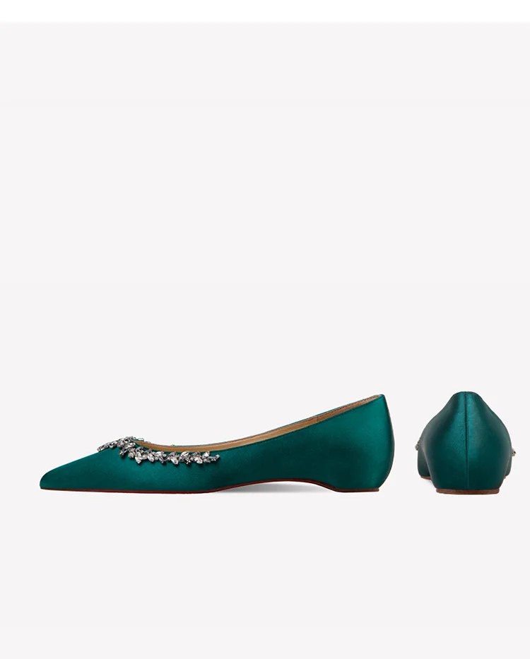 jade green flats with sheep skin lining red bottom women shallow summer slip on shoes with rhinestones pointed toe summer sandal