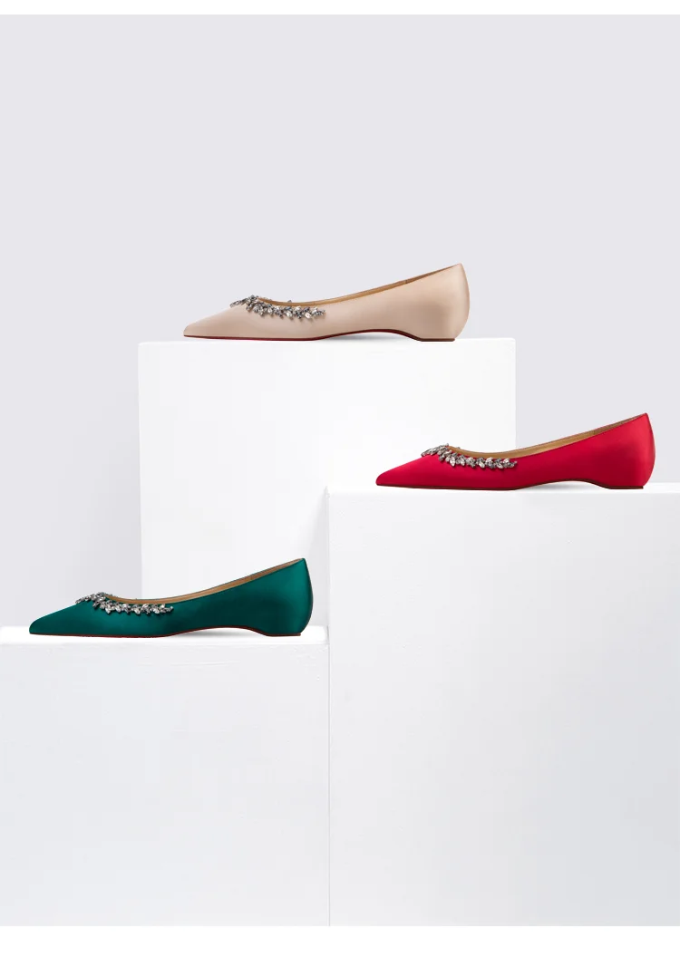 jade green flats with sheep skin lining red bottom women shallow summer slip on shoes with rhinestones pointed toe summer sandal