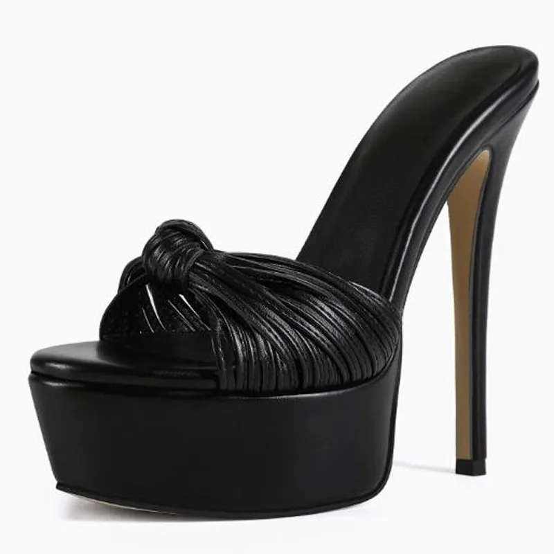 Size 47 Black Matte Leather Bow Knot Open Toe Platform High Heel Mules Shallow Slip on Stiletto Thin Heels Modern Slippers Shoes