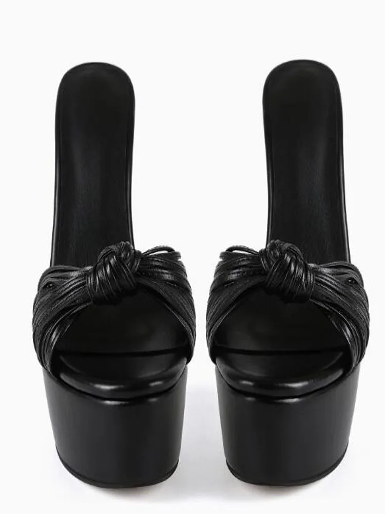 Size 47 Black Matte Leather Bow Knot Open Toe Platform High Heel Mules Shallow Slip on Stiletto Thin Heels Modern Slippers Shoes