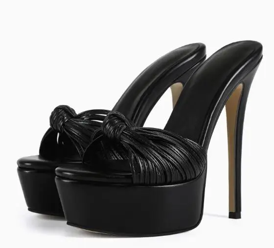 Size 47 Black Matte Leather Bow Knot Open Toe Platform High Heel Mules Shallow Slip on Stiletto Thin Heels Modern Slippers Shoes
