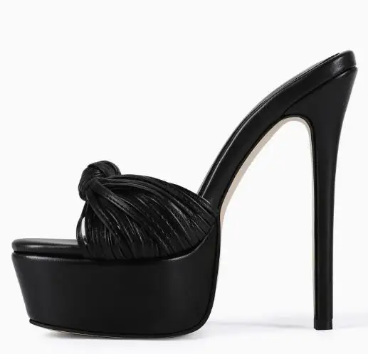Size 47 Black Matte Leather Bow Knot Open Toe Platform High Heel Mules Shallow Slip on Stiletto Thin Heels Modern Slippers Shoes