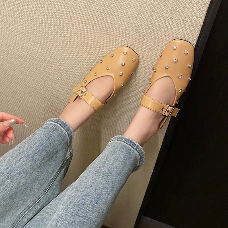 Meotina Women Genuine Leather Mary Janes Round Toe Flats Buckle Crystal Concise Glove Shoes Ladies Fashion Shoes Spring Autumn