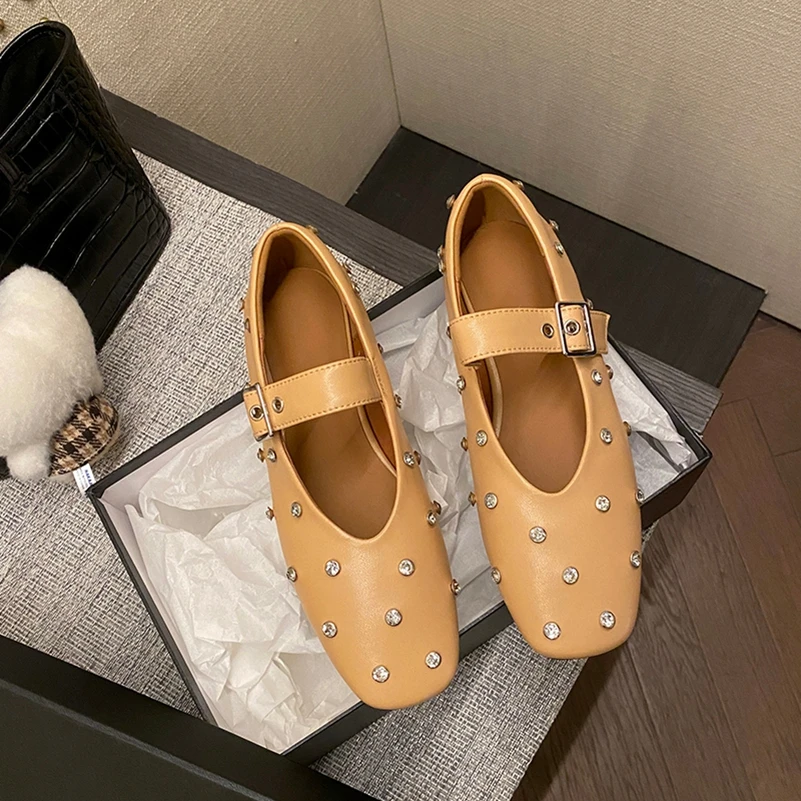 Meotina Women Genuine Leather Mary Janes Round Toe Flats Buckle Crystal Concise Glove Shoes Ladies Fashion Shoes Spring Autumn