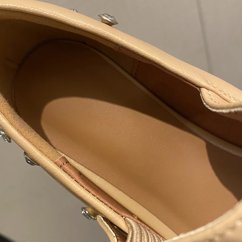 Meotina Women Genuine Leather Mary Janes Round Toe Flats Buckle Crystal Concise Glove Shoes Ladies Fashion Shoes Spring Autumn