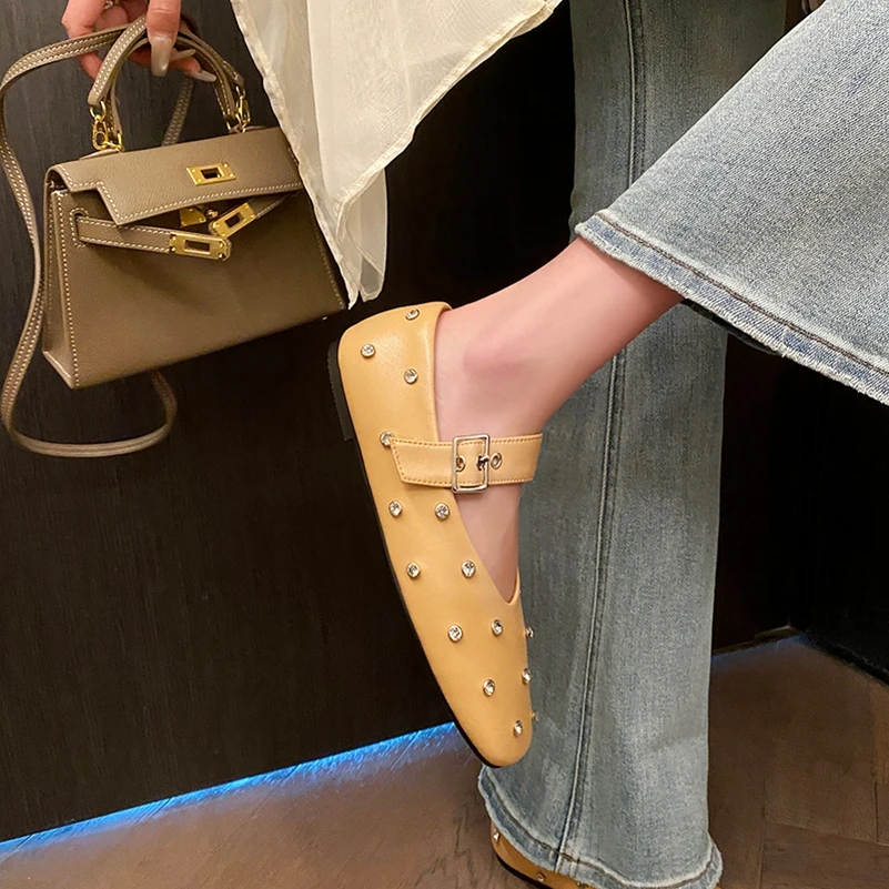 Meotina Women Genuine Leather Mary Janes Round Toe Flats Buckle Crystal Concise Glove Shoes Ladies Fashion Shoes Spring Autumn