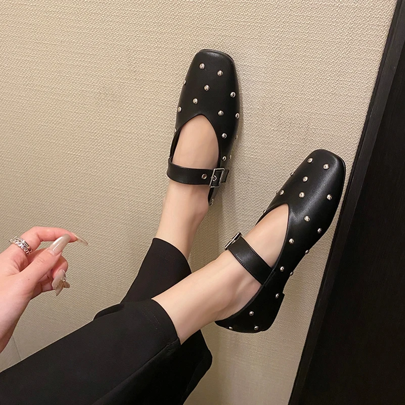 Meotina Women Genuine Leather Mary Janes Round Toe Flats Buckle Crystal Concise Glove Shoes Ladies Fashion Shoes Spring Autumn