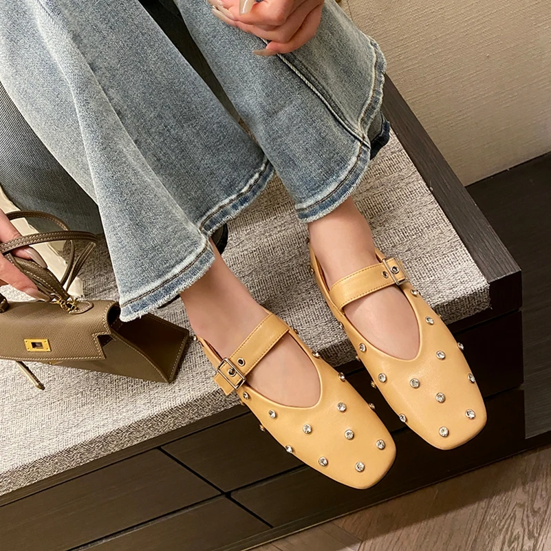Meotina Women Genuine Leather Mary Janes Round Toe Flats Buckle Crystal Concise Glove Shoes Ladies Fashion Shoes Spring Autumn