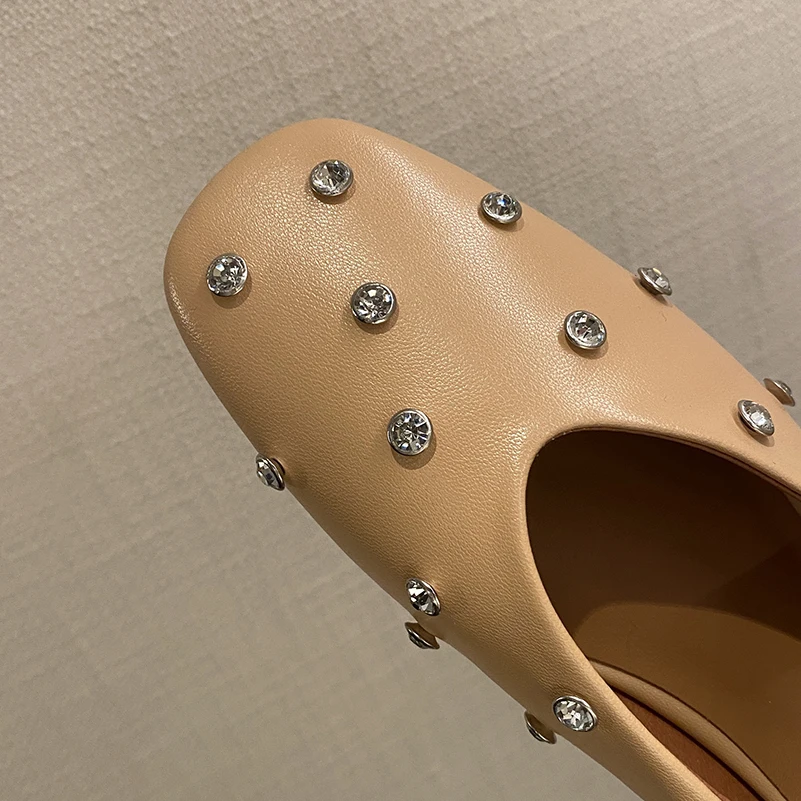 Meotina Women Genuine Leather Mary Janes Round Toe Flats Buckle Crystal Concise Glove Shoes Ladies Fashion Shoes Spring Autumn