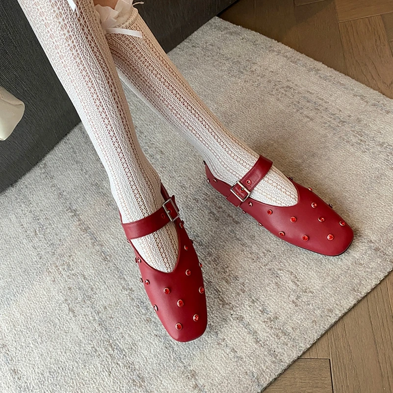 Meotina Women Genuine Leather Mary Janes Round Toe Flats Buckle Crystal Concise Glove Shoes Ladies Fashion Shoes Spring Autumn