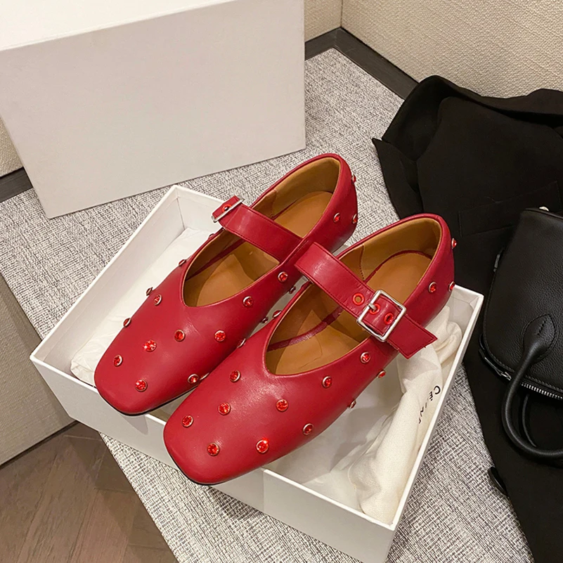 Meotina Women Genuine Leather Mary Janes Round Toe Flats Buckle Crystal Concise Glove Shoes Ladies Fashion Shoes Spring Autumn
