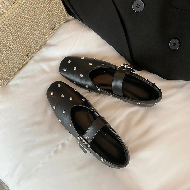 Meotina Women Genuine Leather Mary Janes Round Toe Flats Buckle Crystal Concise Glove Shoes Ladies Fashion Shoes Spring Autumn