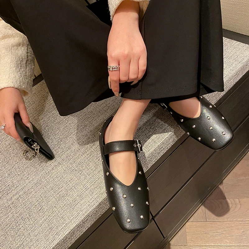 Meotina Women Genuine Leather Mary Janes Round Toe Flats Buckle Crystal Concise Glove Shoes Ladies Fashion Shoes Spring Autumn