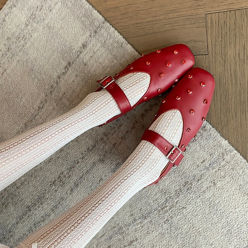 Meotina Women Genuine Leather Mary Janes Round Toe Flats Buckle Crystal Concise Glove Shoes Ladies Fashion Shoes Spring Autumn