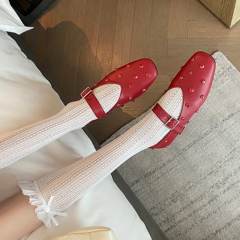 Meotina Women Genuine Leather Mary Janes Round Toe Flats Buckle Crystal Concise Glove Shoes Ladies Fashion Shoes Spring Autumn