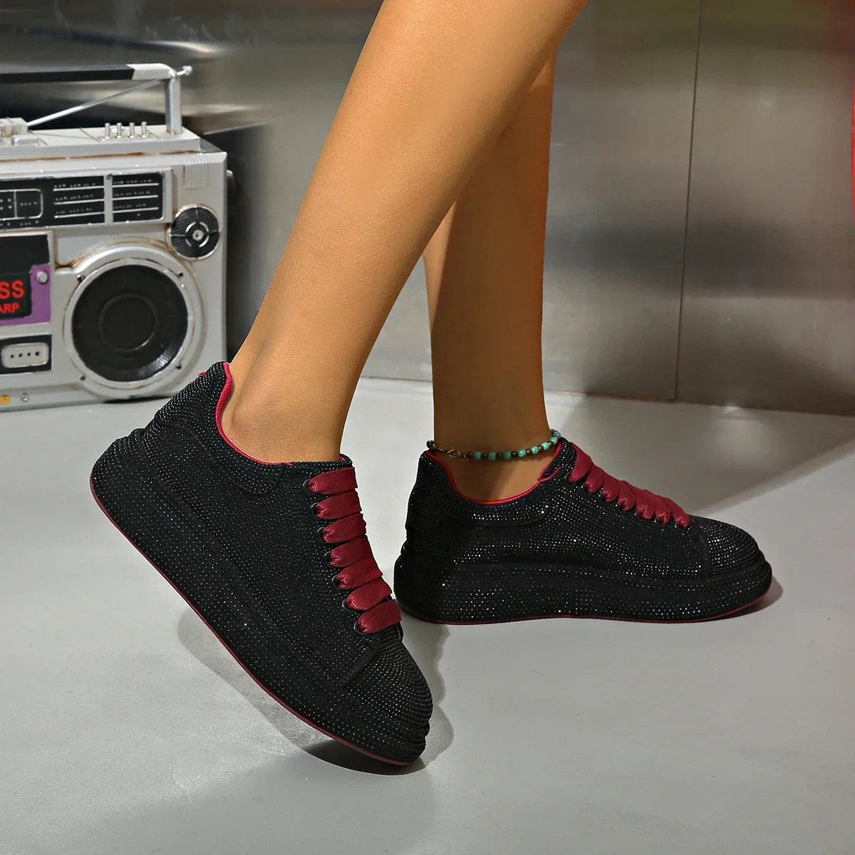 Brand Women's Sneakers Luxury Rhinestones Women Causal Shoes Designer Platform Sport Shoes Fashion Comfort Women Shoes Plus Size