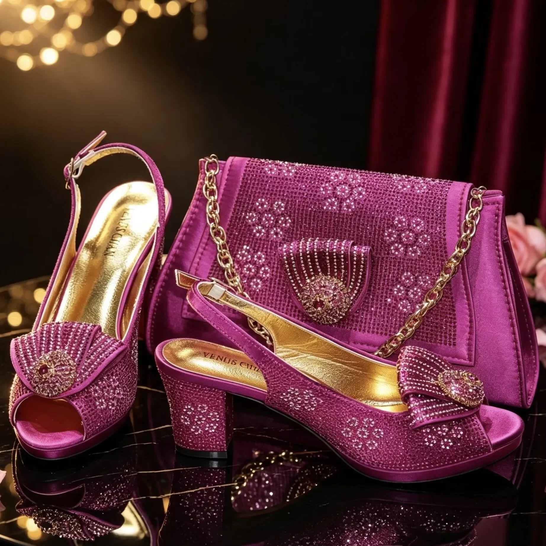 2026 New Nigerian Bigger Size Women Heel Party Shoes and Bag Set Orange Colour Rhinestone Handbag Italian Design Wedding
