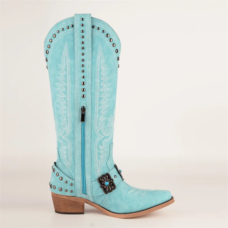 Onlymaker Cowboy Boots for Women Knee High Western Cowgirl Boots with Embroidery Belt Buckle Chains Zipper Chunky Heel Boots