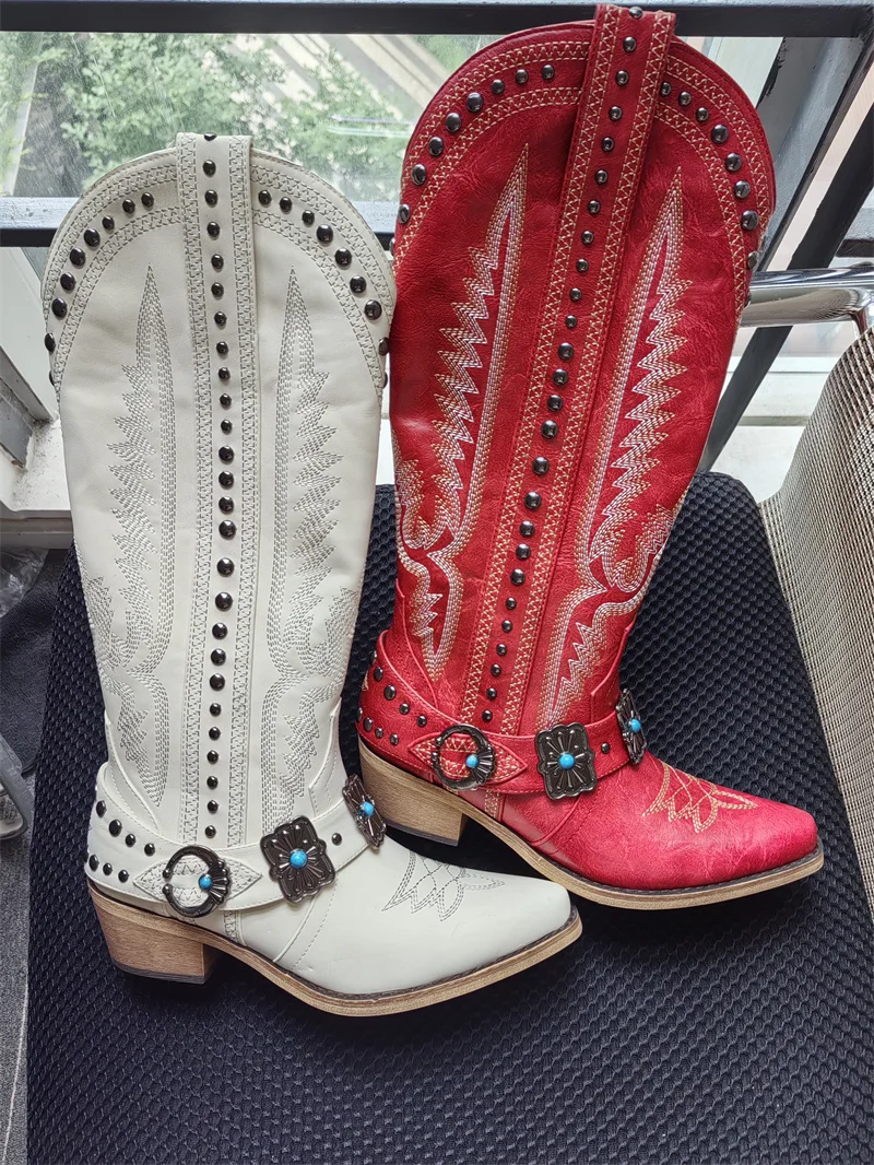 Onlymaker Cowboy Boots for Women Knee High Western Cowgirl Boots with Embroidery Belt Buckle Chains Zipper Chunky Heel Boots