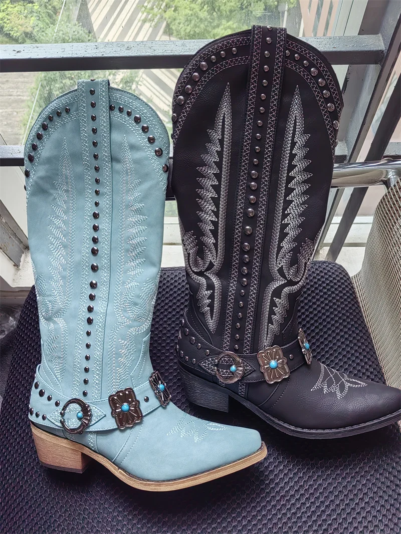 Onlymaker Cowboy Boots for Women Knee High Western Cowgirl Boots with Embroidery Belt Buckle Chains Zipper Chunky Heel Boots