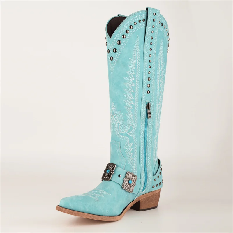 Onlymaker Cowboy Boots for Women Knee High Western Cowgirl Boots with Embroidery Belt Buckle Chains Zipper Chunky Heel Boots