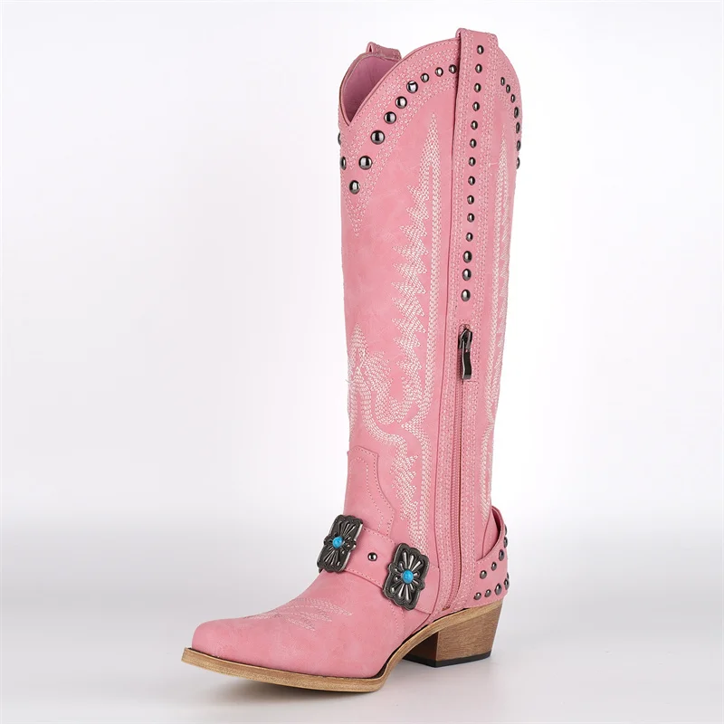 Onlymaker Cowboy Boots for Women Knee High Western Cowgirl Boots with Embroidery Belt Buckle Chains Zipper Chunky Heel Boots