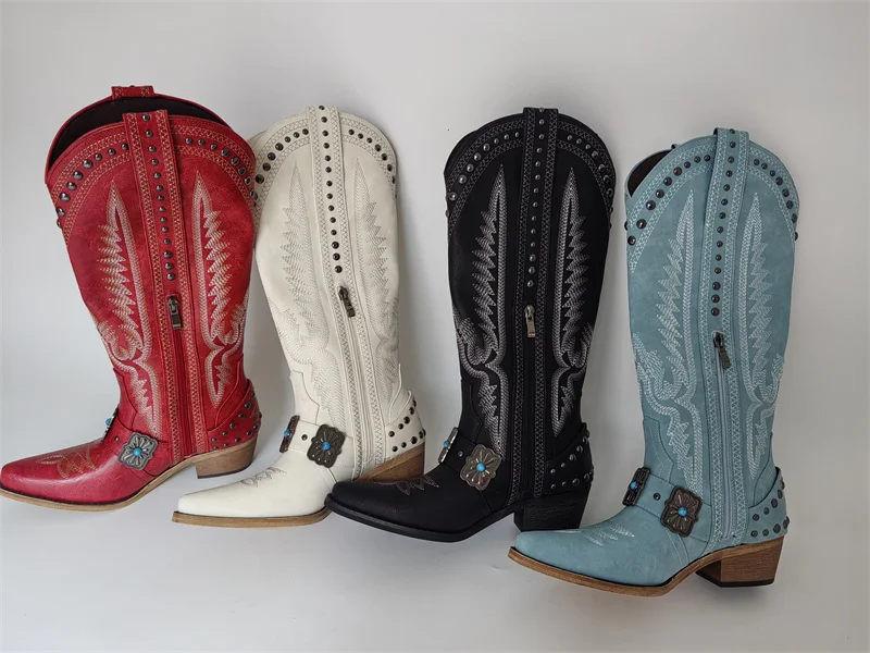Onlymaker Cowboy Boots for Women Knee High Western Cowgirl Boots with Embroidery Belt Buckle Chains Zipper Chunky Heel Boots