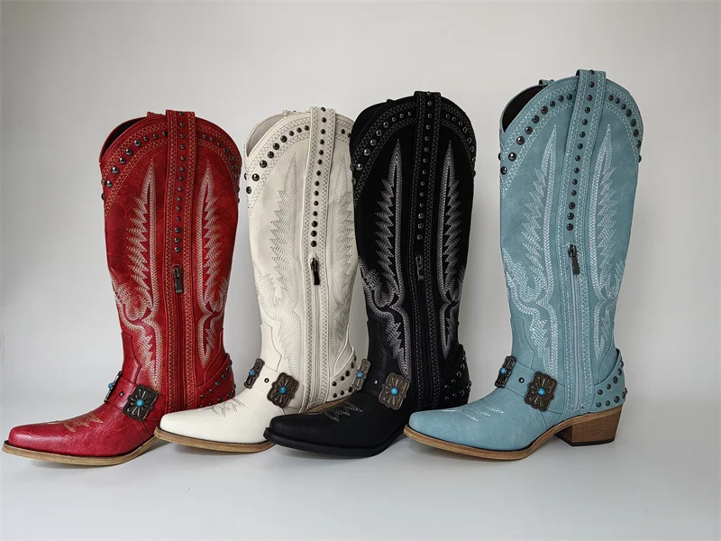 Onlymaker Cowboy Boots for Women Knee High Western Cowgirl Boots with Embroidery Belt Buckle Chains Zipper Chunky Heel Boots