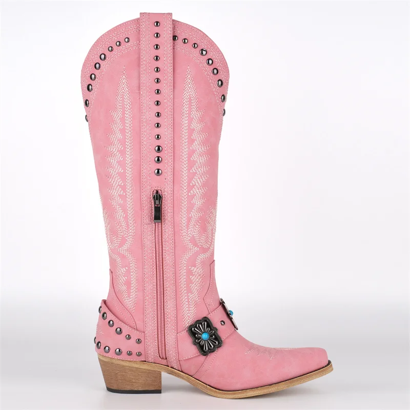 Onlymaker Cowboy Boots for Women Knee High Western Cowgirl Boots with Embroidery Belt Buckle Chains Zipper Chunky Heel Boots