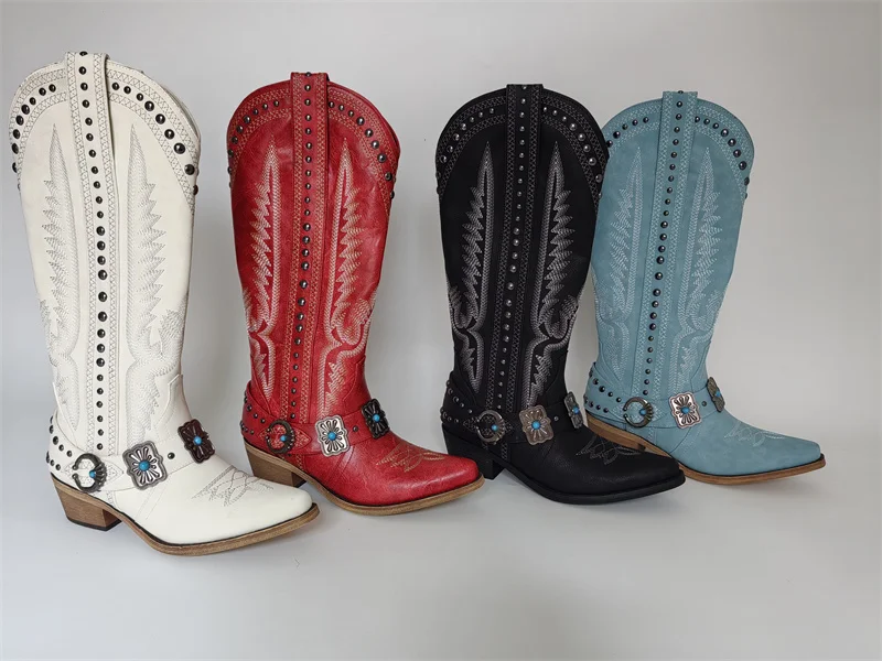 Onlymaker Cowboy Boots for Women Knee High Western Cowgirl Boots with Embroidery Belt Buckle Chains Zipper Chunky Heel Boots