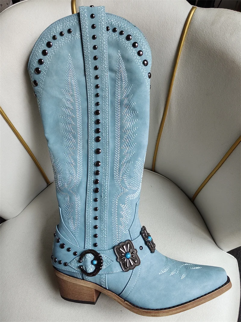 Onlymaker Cowboy Boots for Women Knee High Western Cowgirl Boots with Embroidery Belt Buckle Chains Zipper Chunky Heel Boots