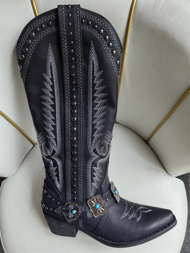 Onlymaker Cowboy Boots for Women Knee High Western Cowgirl Boots with Embroidery Belt Buckle Chains Zipper Chunky Heel Boots