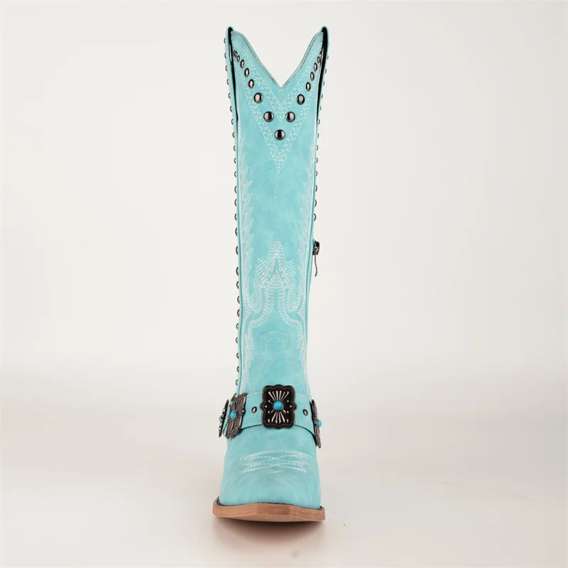 Onlymaker Cowboy Boots for Women Knee High Western Cowgirl Boots with Embroidery Belt Buckle Chains Zipper Chunky Heel Boots