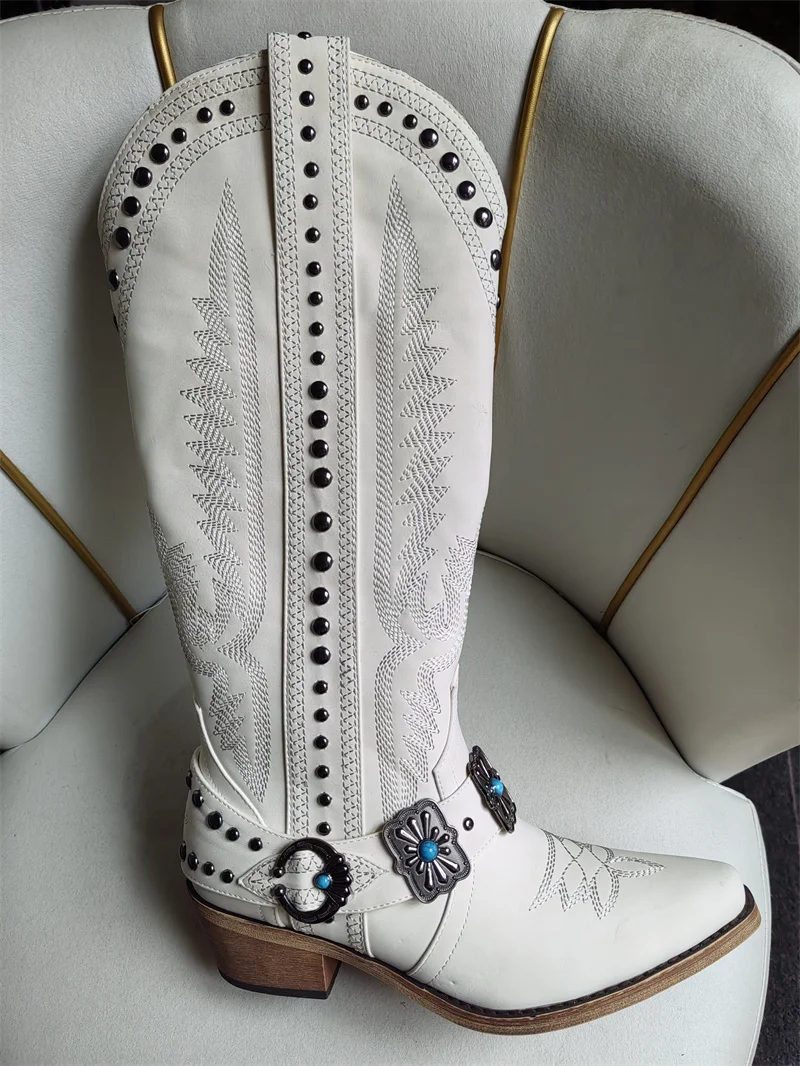 Onlymaker Cowboy Boots for Women Knee High Western Cowgirl Boots with Embroidery Belt Buckle Chains Zipper Chunky Heel Boots
