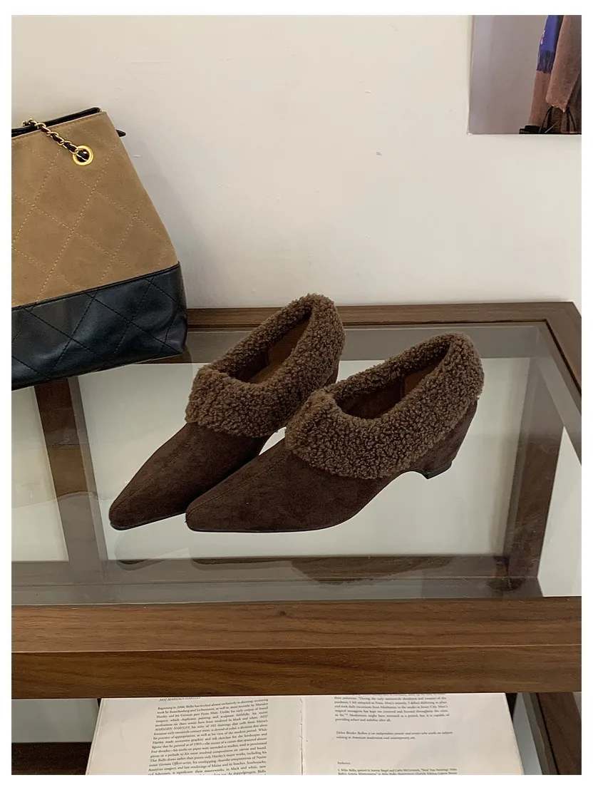 Elegant Women Pumps Thick Low Heel 2026 Winter Warm Fur Shoes New Fashion Ladies Shoes For Party Dress Pumps Pointed To Footwear