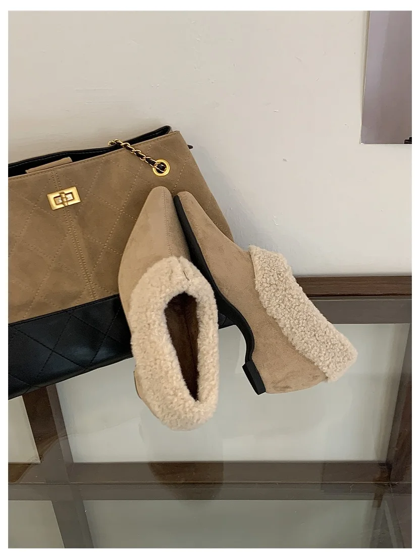 Elegant Women Pumps Thick Low Heel 2026 Winter Warm Fur Shoes New Fashion Ladies Shoes For Party Dress Pumps Pointed To Footwear