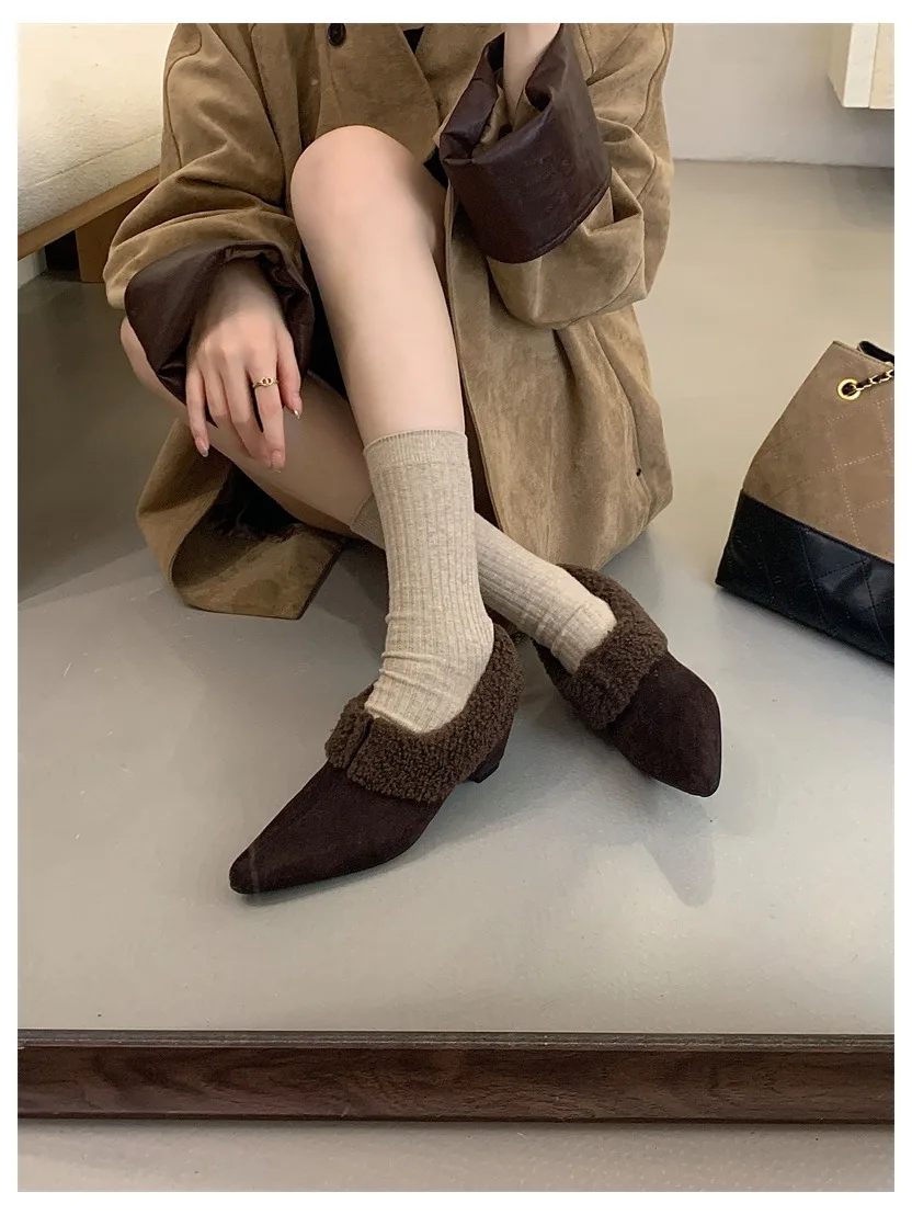 Elegant Women Pumps Thick Low Heel 2026 Winter Warm Fur Shoes New Fashion Ladies Shoes For Party Dress Pumps Pointed To Footwear